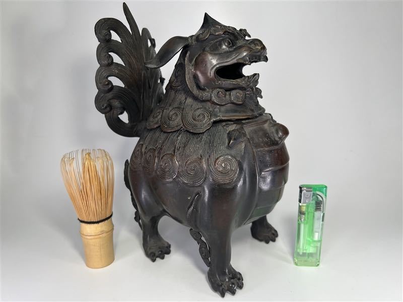 078 時代物 古銅 獅子 香炉 高24.7cm 重2459g 唐物 銅製 置物 香道具