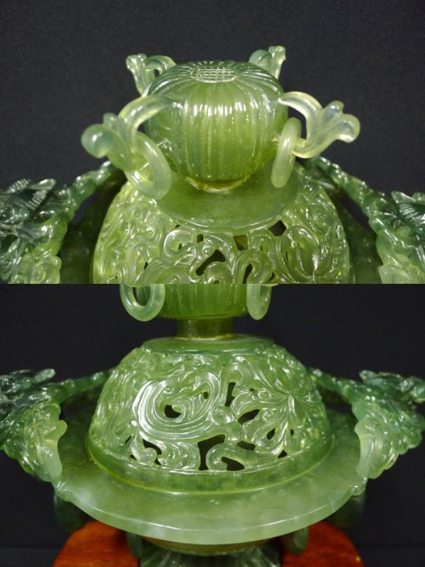 中国 玉石翡翠彫刻 獅子摘 龍刻 双耳遊環 飾壷 香炉 唐木