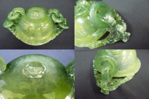 中国 玉石翡翠彫刻 獅子摘 龍刻 双耳遊環 飾壷 香炉 唐木