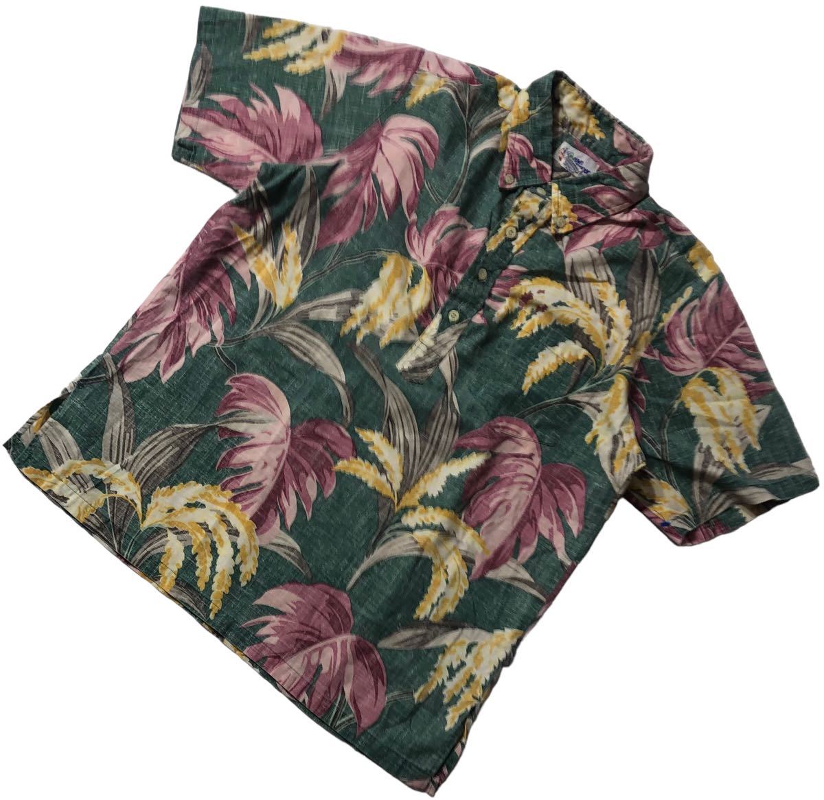 ■ reyn spooner レインスプーナー ■ リバースデザイン ボタニカル 総柄 プルオーバー 半袖 アロハシャツ グリーン系