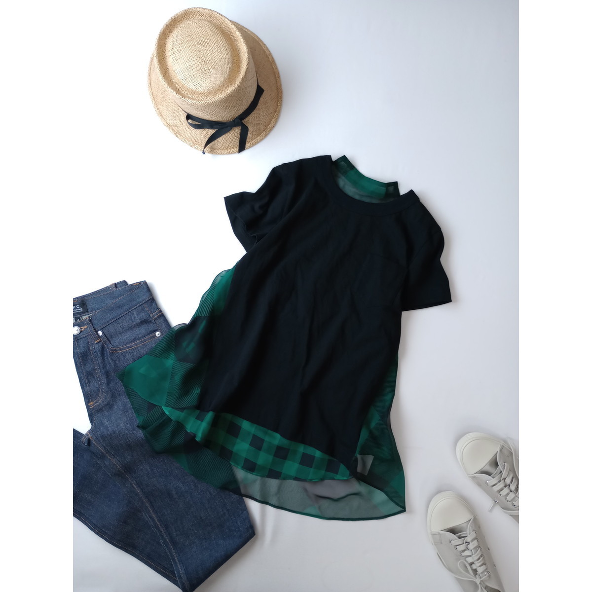 sacai サカイ 一枚で雰囲気あふれる チェック 切替 半袖 カットソー トップス 1 日本製 (8Y+7318)