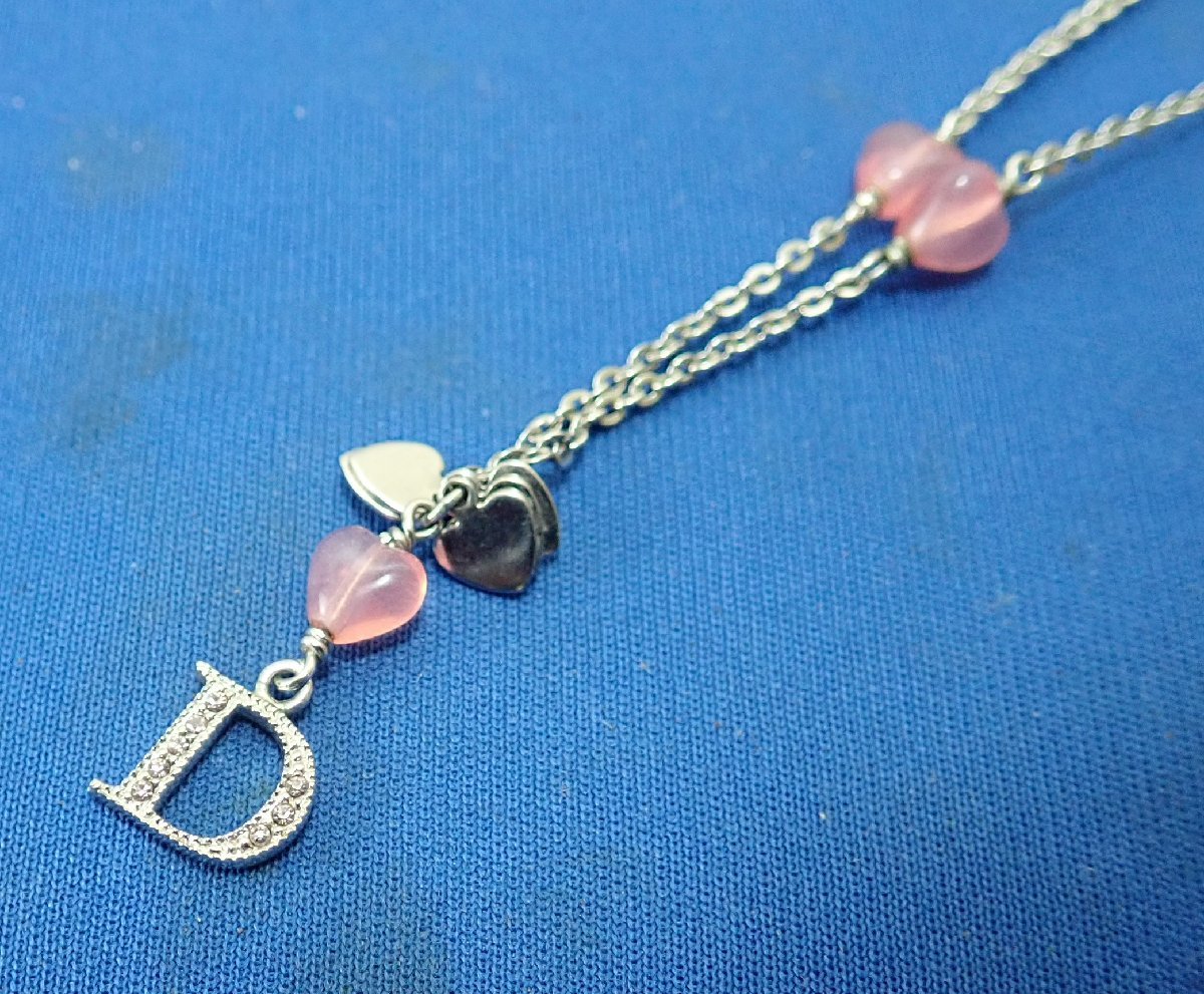 ◎ChristianDior　クリスチャンディオール　ネックレス　Dロゴ　ラインストーン　プラスチック　ピンクハート　シルバー色
