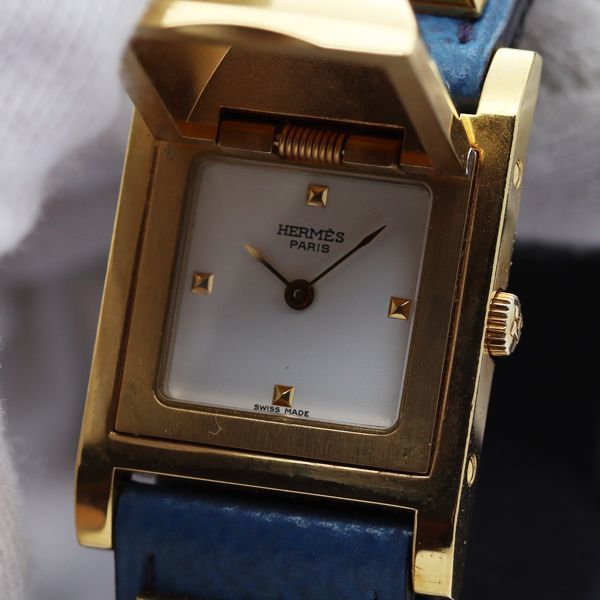 1円 稼働 良品 箱/保証書付 エルメス QZ メドール 白文字盤 スクエア レディース腕時計 1950300IKE