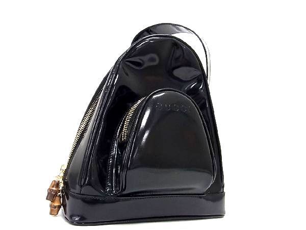 1円 ■美品■ GUCCI グッチ パテントレザー バンブー ミニリュックサック バックパック デイパック レディース ブラック系 AQ2352