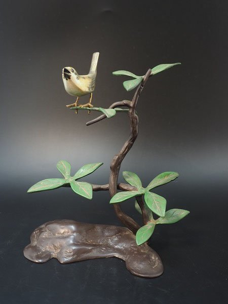 結・評価1000記念】時代物 経年保管美品◇山茶花に小鳥 置物 堀井英翠 