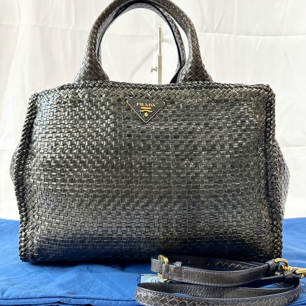 1円 美品 PRADA 『超希少』プラダ カナパ レザー ショルダーバッグ トート ハンドバッグ 2way