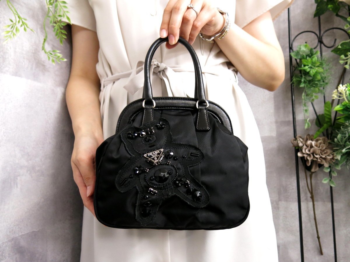 超美品○PRADA プラダ○イブニング ベア○ポコノ ナイロン カーフ 