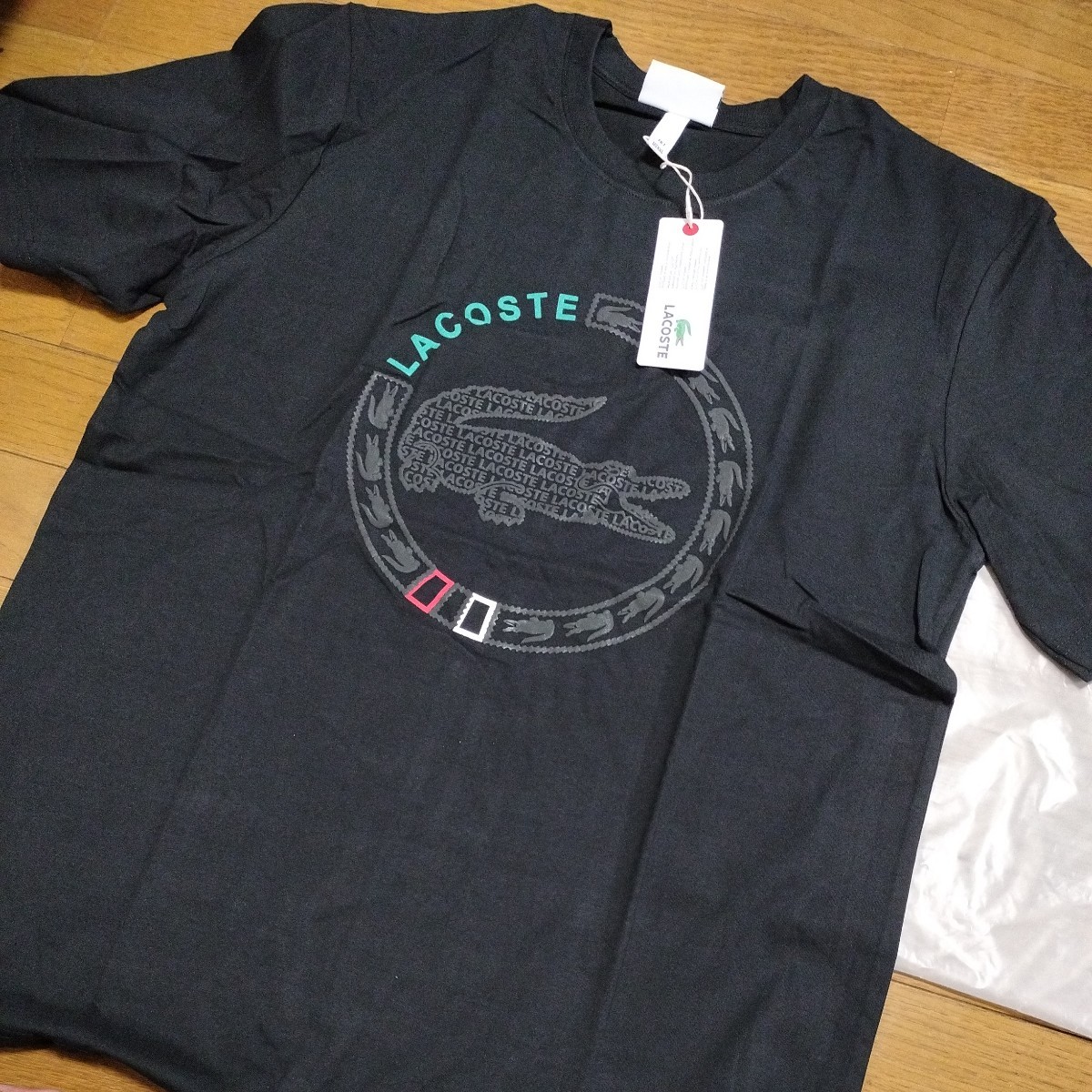 XXL　立体ロゴ　LACOSTE　MENS　Tシャツ タグ付き 半袖Tシャツ 黒　ワニ