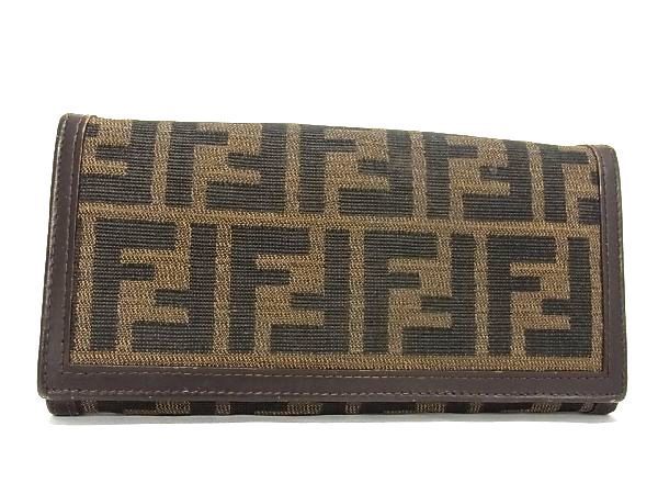1円 □美品□ FENDI フェンディ ズッカ柄 キャンバス×レザー 二つ折り 長
