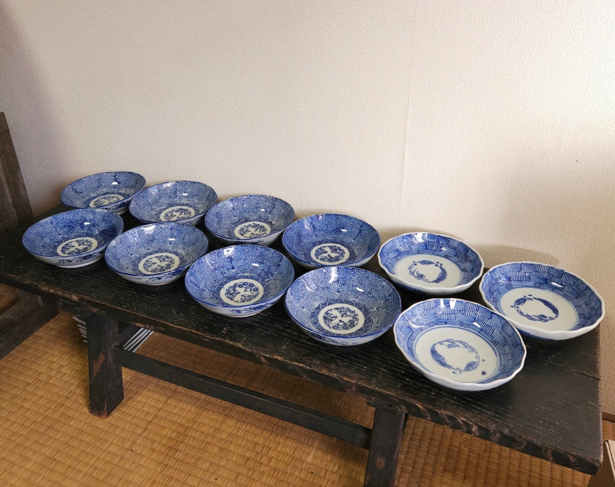 日本のアンティーク 古伊万里 伊万里焼 中鉢 11枚セット なます皿 小皿 旧家蔵出し 古民家 インテリア 明治 江戸 レトロ 