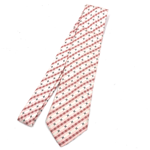 1円 美品 ルイヴィトン ネクタイ モノグラムフラワー チェック柄 シルク 100% メンズ 小物 ピンク 保存箱 付属