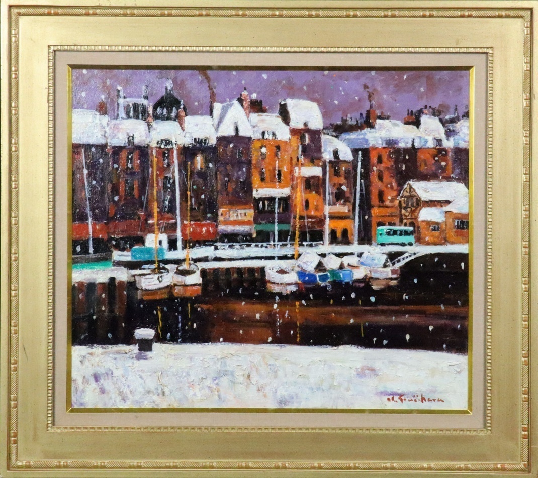 【宙】真作保証 藤原薫「雪のデイエップ ノルマンディ」油彩 F10号 サイン有 古径額 タトウ箱 示現会会員 7D85.n.G