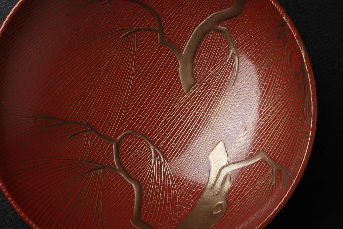 EM258 時代蒔絵 黒漆/朱漆塗 柳金蒔絵盃台 盃添 一組 高8cm 総重110g 