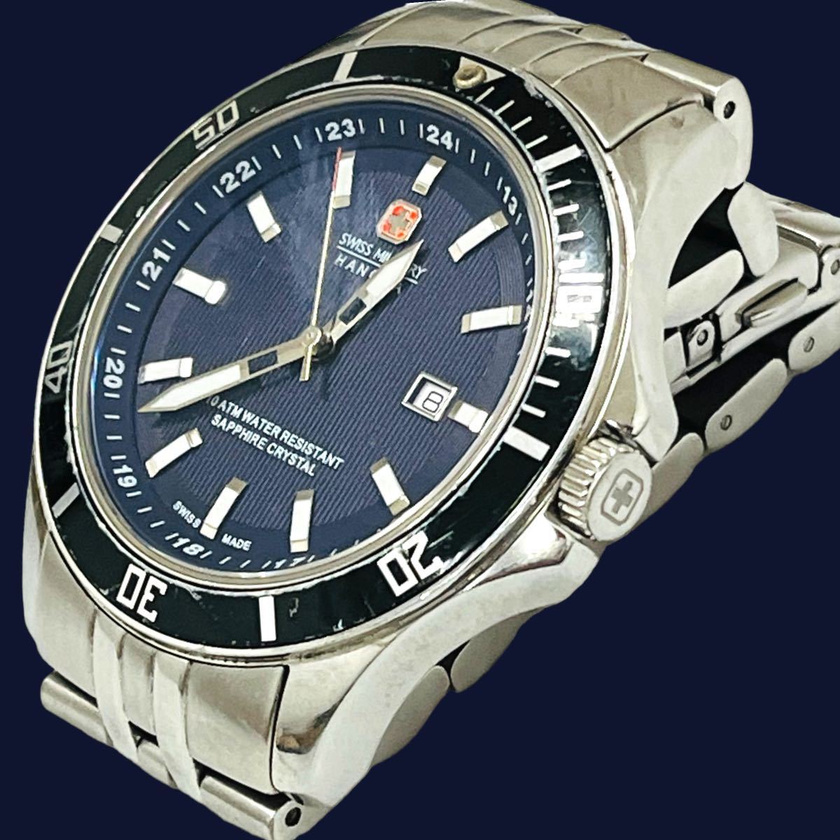 ★SWISS MILITARY HANOWA★スイスミリタリー ハノワ クオーツ メンズ ダイバー腕時計 青文字盤 デイト 稼働品 スイス製