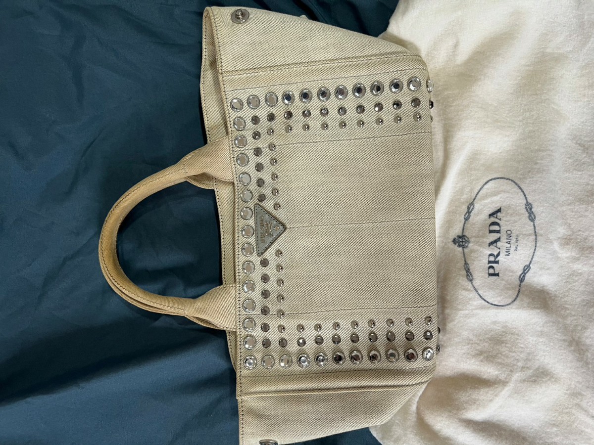 PRADA プラダ カナパ ビジュー デニム キャンバス ハンドバッグ グレー 