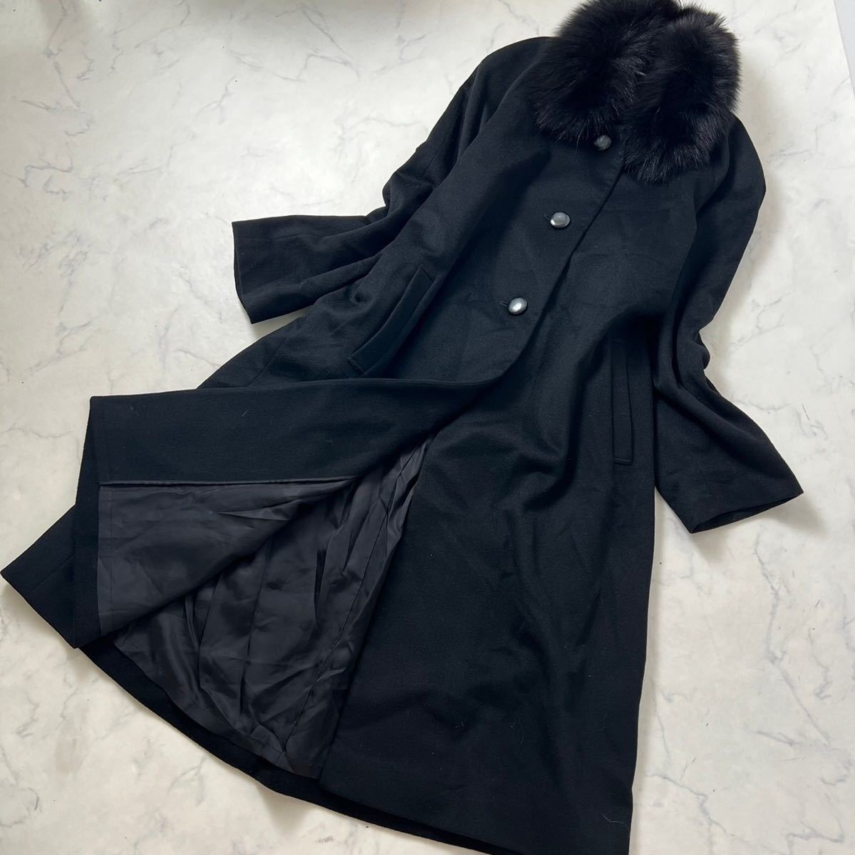 230727 美品カシミヤ100％ 大きいサイズ ブルーフォックスファー ロングコート 黒 レディースXL エンチャリオット 大きめ