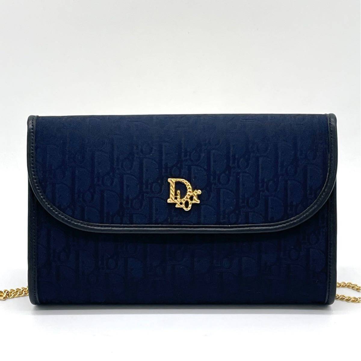 1円 新品同様品 Christian Dior クリスチャンディオール トロッター ネイビー チェーンショルダーバッグ Diorロゴ ゴールド金具