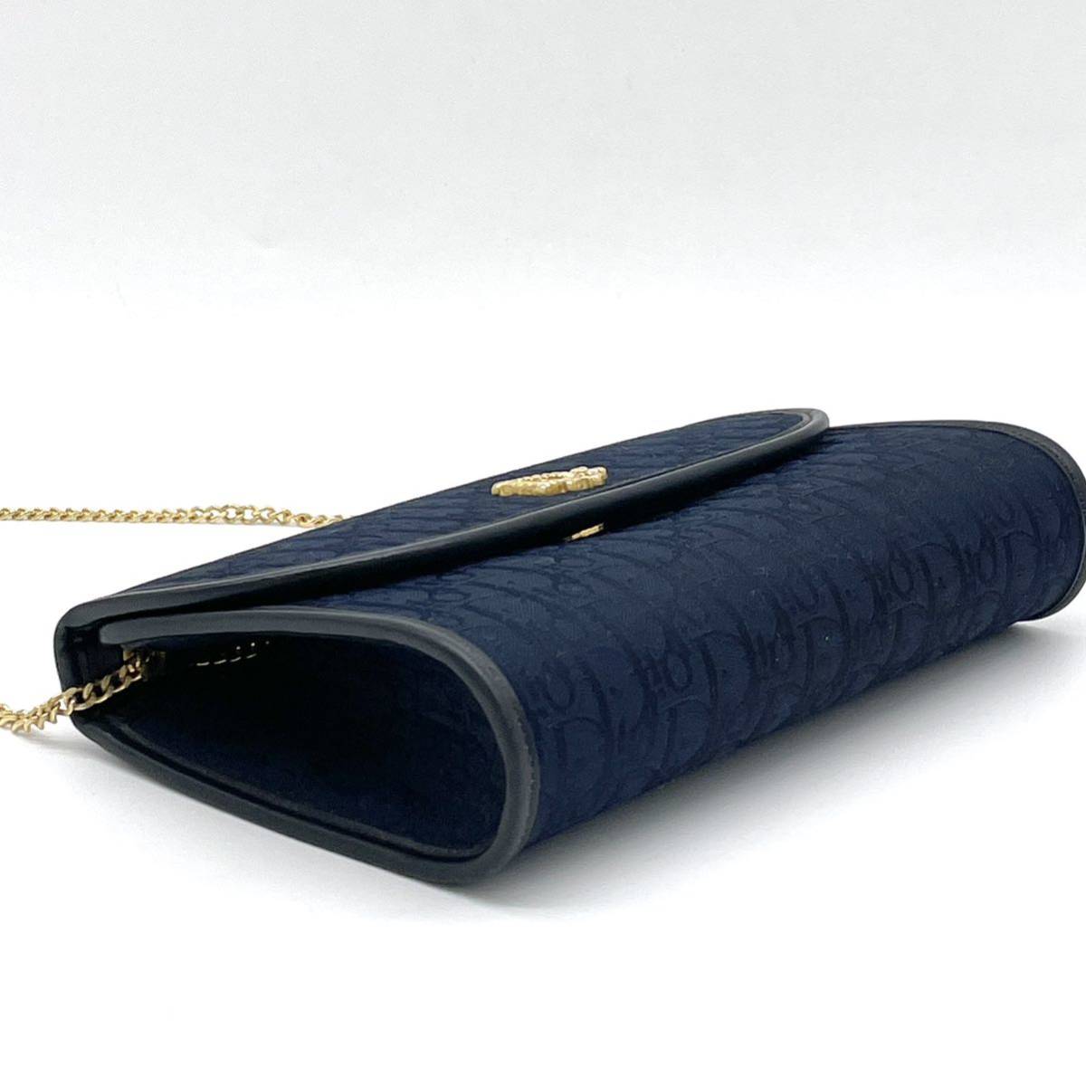 1円 新品同様品 Christian Dior クリスチャンディオール トロッター ネイビー チェーンショルダーバッグ Diorロゴ ゴールド金具