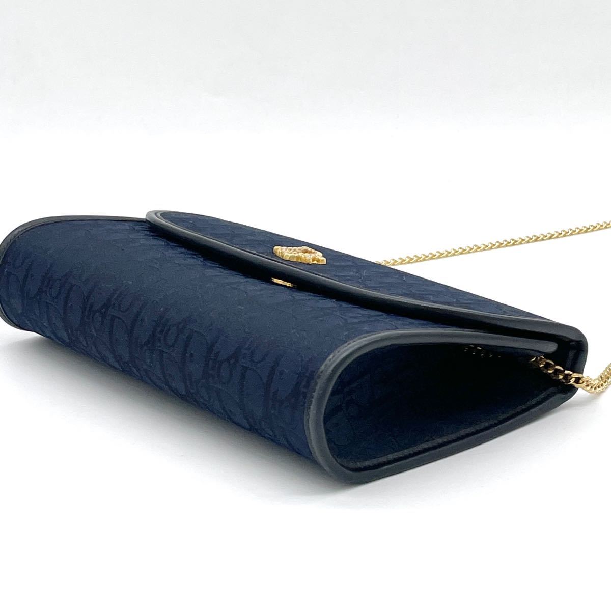 1円 新品同様品 Christian Dior クリスチャンディオール トロッター ネイビー チェーンショルダーバッグ Diorロゴ ゴールド金具