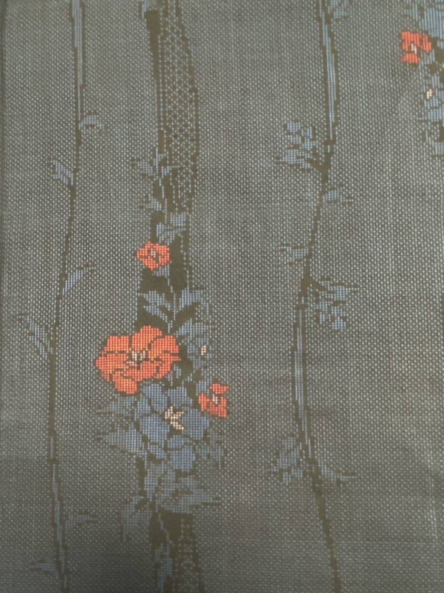 着物リメイク☆正絹☆紬（躾付未使用）☆藍色☆草花模様☆七分袖