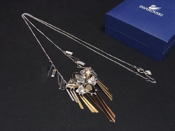 1円 ■美品■ SWAROVSKI スワロフスキー クリスタル ビジュー ネックレス アクセサリー レディース シルバー系×マルチカラー BG2671