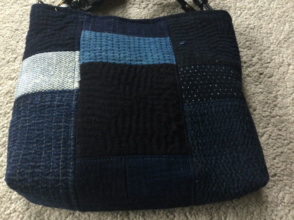 柿渋染め古布酒袋藍染め庄内刺し子木札古鍵チャーム付リメイク手作り