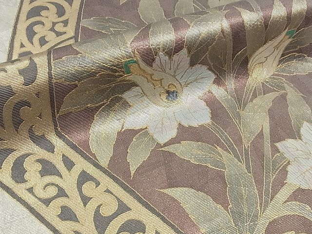 平和屋1□螺鈿工芸作家 佐野正喜 六通太鼓柄袋帯 洋花文 金彩 逸品 