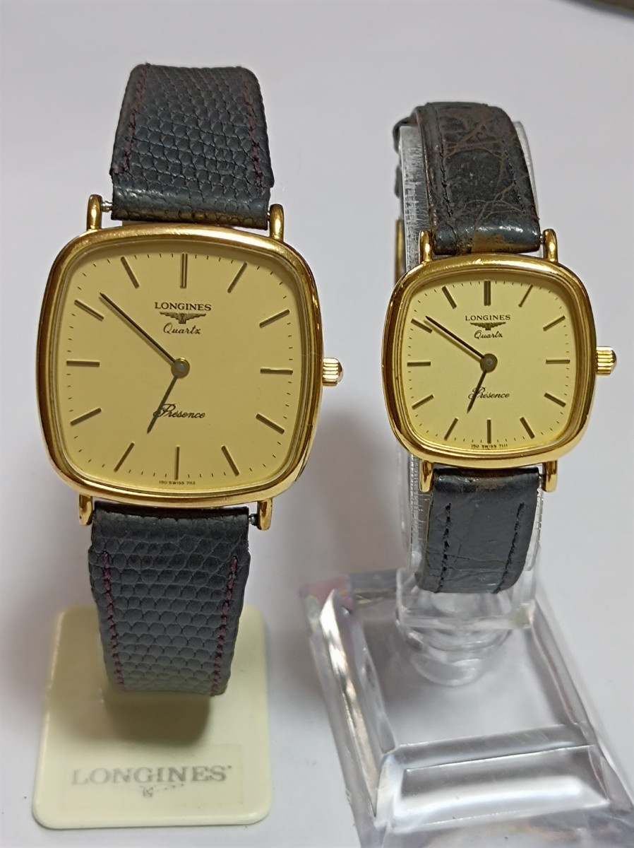 美品 稼働品 ロンジン PRESENCE 腕時計ペア ゴールド文字盤 新品電池 オリジナル革ベルト、尾錠 LONGINES