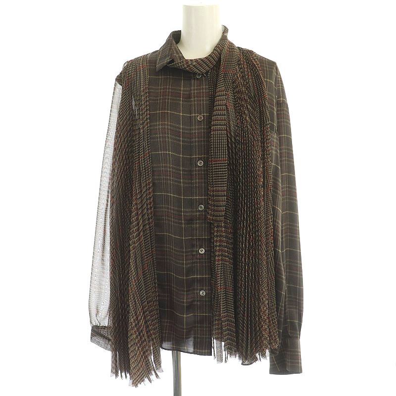 サカイ sacai 21年 グレンチェック 異素材切替 プリーツブラウス シャツ シアー 長袖 ボウタイ アシンメトリー 2 茶 ブラウン 21-05447 /HS
