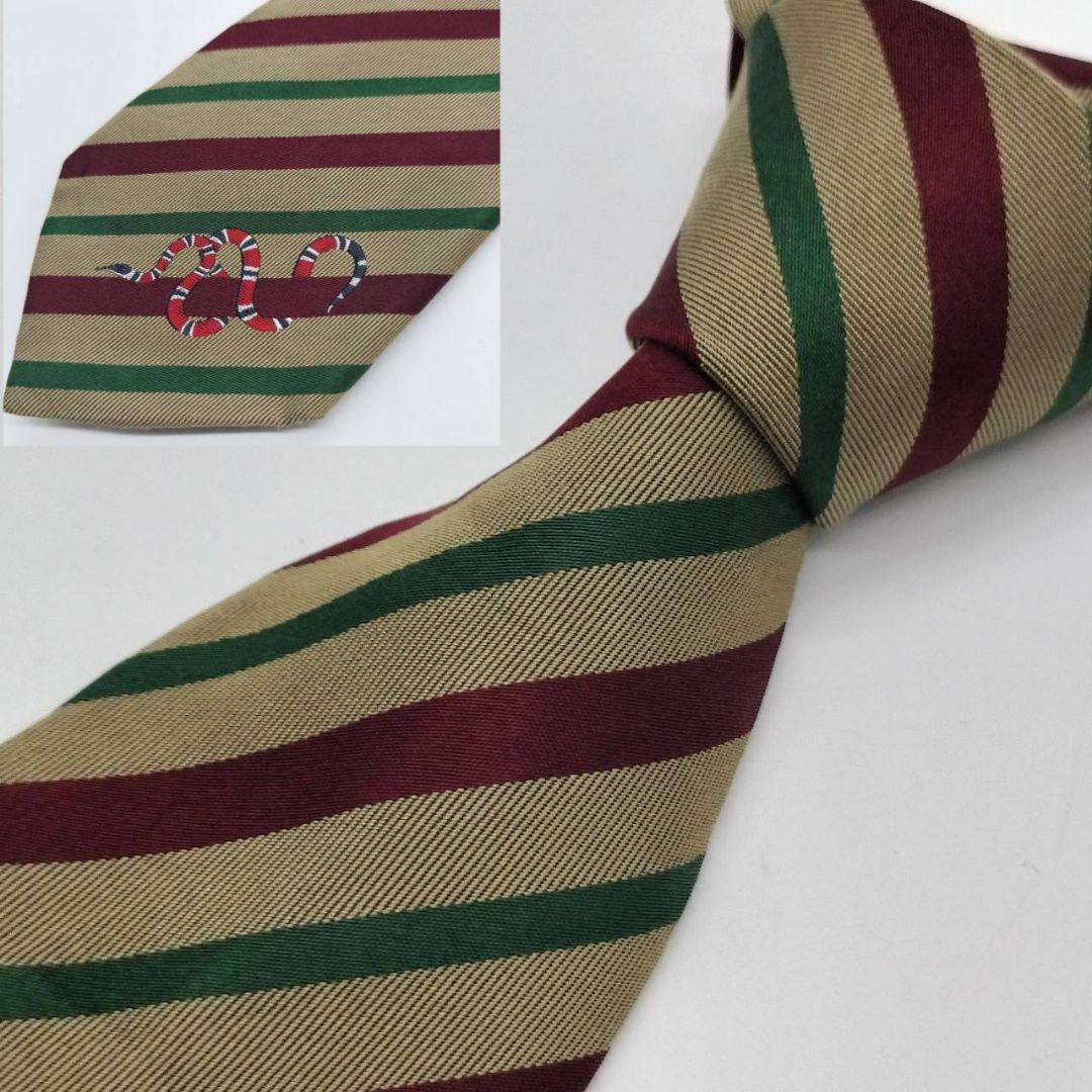 【美品】現行 グッチ GUCCI ネクタイ スネーク 蛇 ヘビ ハイブランド ストライプ レギュラータイ ビジネス パーティー マルチカラー