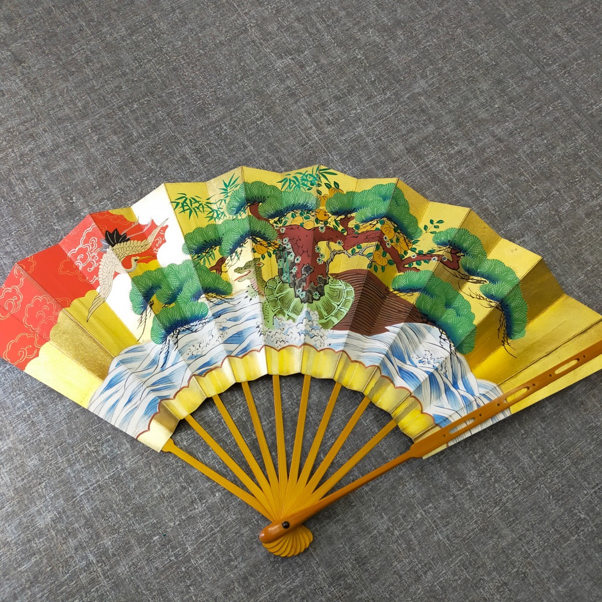 す620 舞扇 十松屋福井 鶴 亀 扇子袋/木箱付 金地 仕舞扇 能扇 能楽 歌 