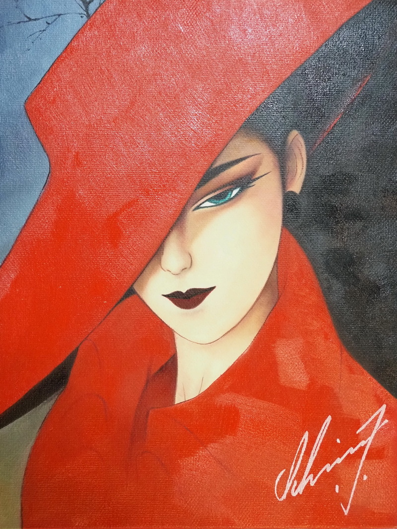【希少品】鶴田一郎　美人画　絵画　日本女性　額入り　年代物　保管品　骨董 ◇ 人物・美人像 日本洋画 赤美人 F6号画作 額縁付き 鶴田一郎 中古