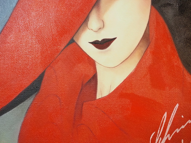 ◇ 人物・美人像 日本洋画 赤美人 F6号画作 額縁付き 鶴田一郎 中古