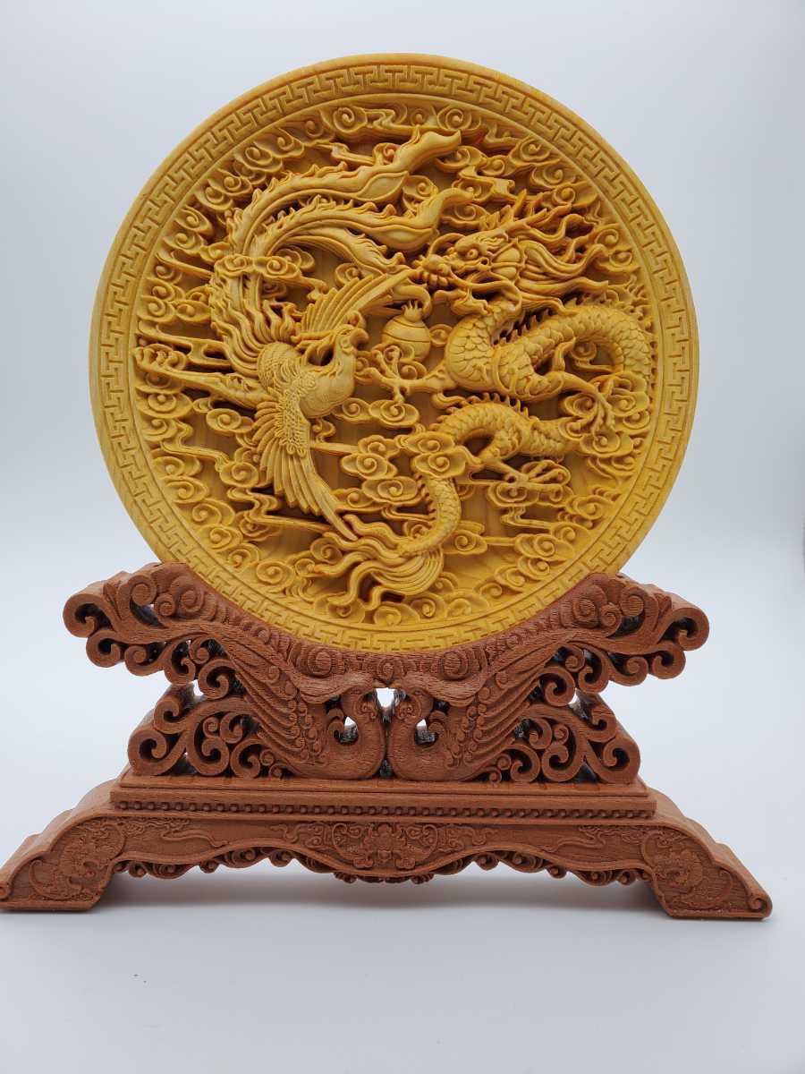 美品 天然石 彫刻 龍 鳳凰 麒麟 置物 インテリア 工芸品 美術品 A3456