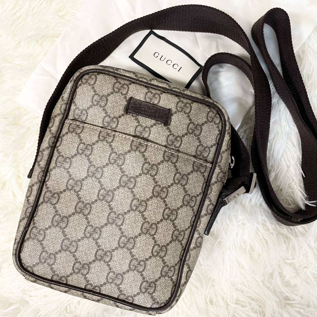 ①1円〜【上美品!】GUCCI グッチ ショルダーバッグ GGスプリームレザー ポシェット 斜め掛け メンズ レディース インターロッキング 茶系