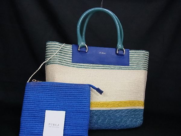 1円 ■美品■ FURLA フルラ ストロー ポーチ付き トートバッグ ハンドバッグ レディース ベージュ系×ブルー系 BF3312