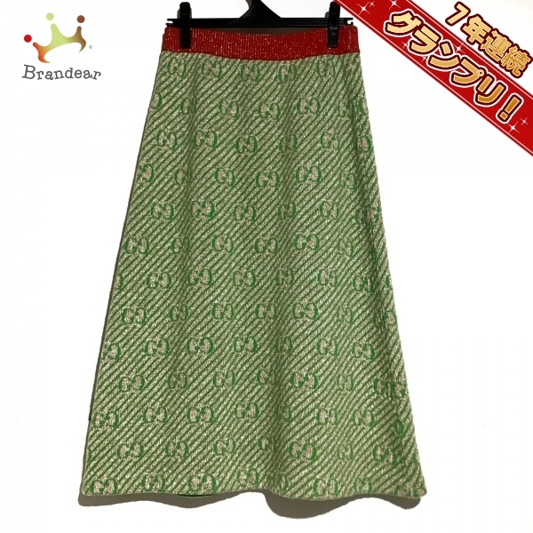 グッチ GUCCI ロングスカート サイズM - ベージュ×ライトグリーン×マルチ レディース ニット/ラメ/GG柄/ウエストゴム ボトムス