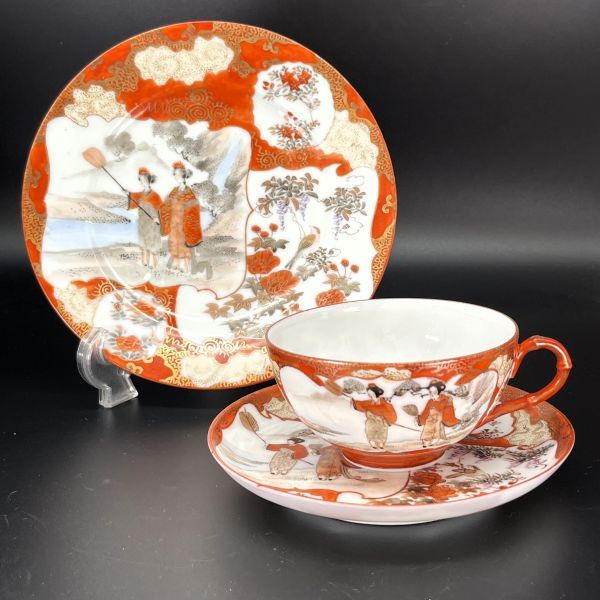 希少 明治期 里帰り品 輸出九谷 九谷焼 神戸北 竹節 金襴 赤絵金彩 細密 花鳥人物風景文 トリオ カップ＆ソーサー プレート 3点 セット 2
