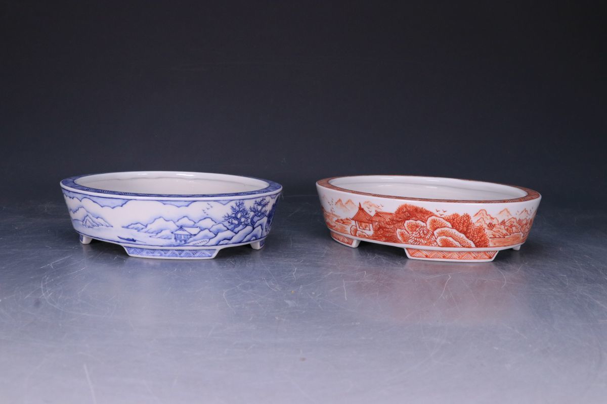 石井盆栽】人気絵鉢作家 伊藤月香作「月香染付山水図楕円鉢」「月香 