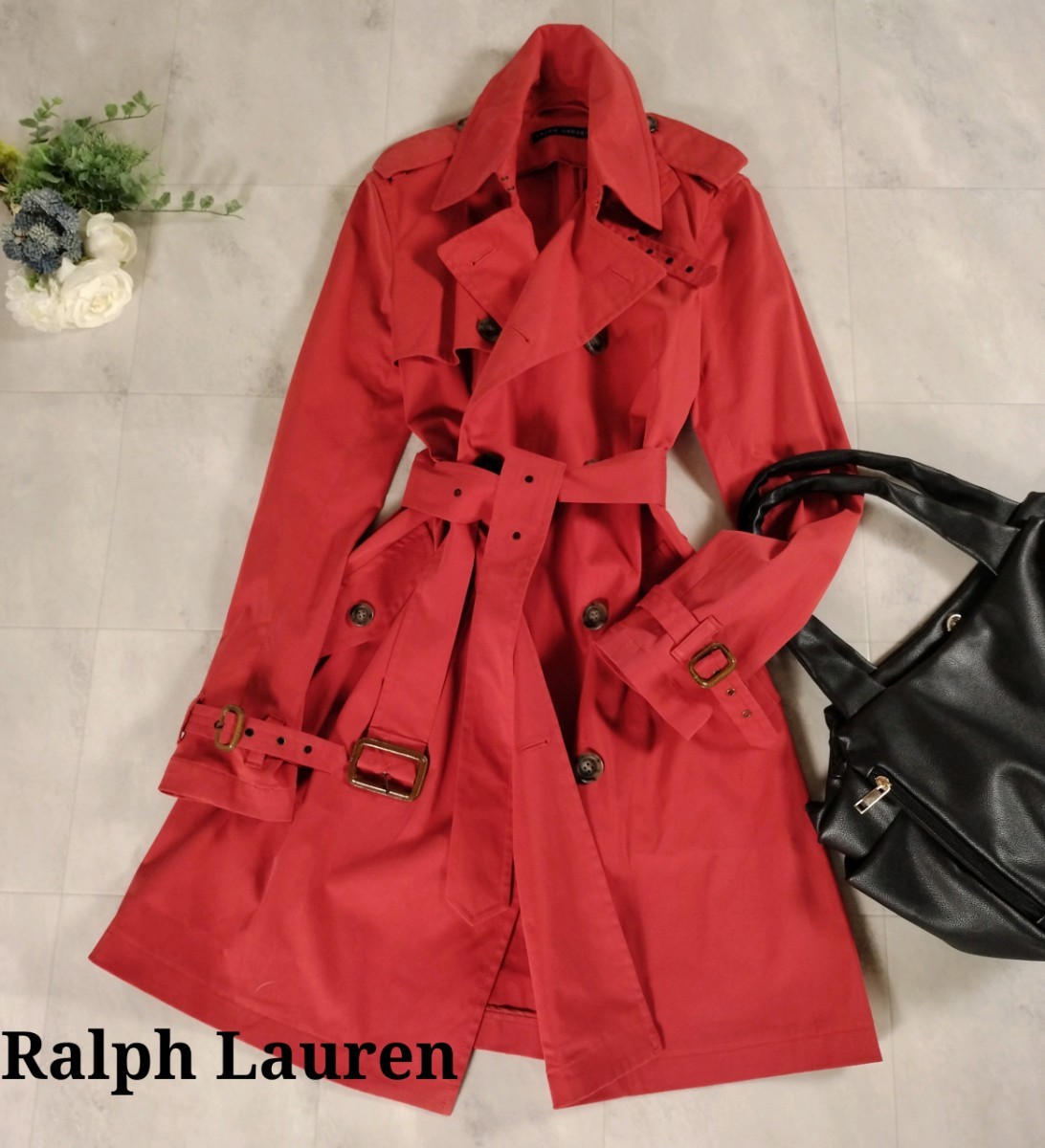 ラルフローレン　RALPH LAUREN　本革バックル　上品RED系　トレンチコート　大きめサイズ