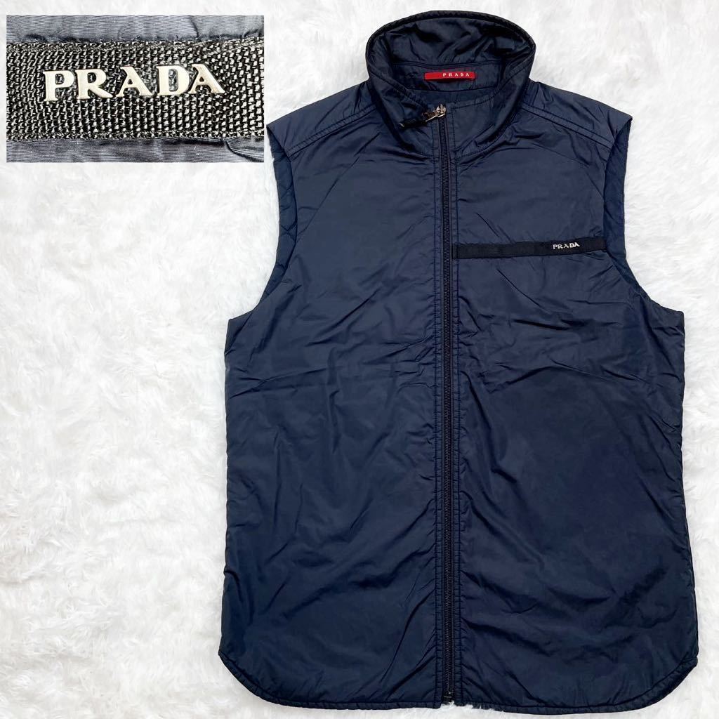 プラダ PRADA メンズ ナイロン ベスト 裏地 キルティング ノースリーブ ジャケット ジップアップ フロントロゴ ネイビー 紺 イタリア製