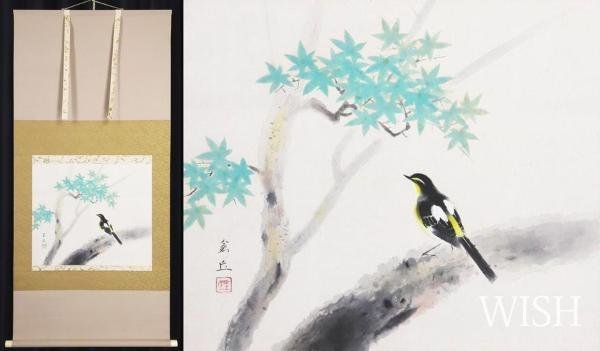 掛け軸　瓢箪図　日本画　書画　箱付 真作】【WISH】山本倉丘「青楓小禽之圖」日本画 掛軸 共箱 二重箱 花鳥