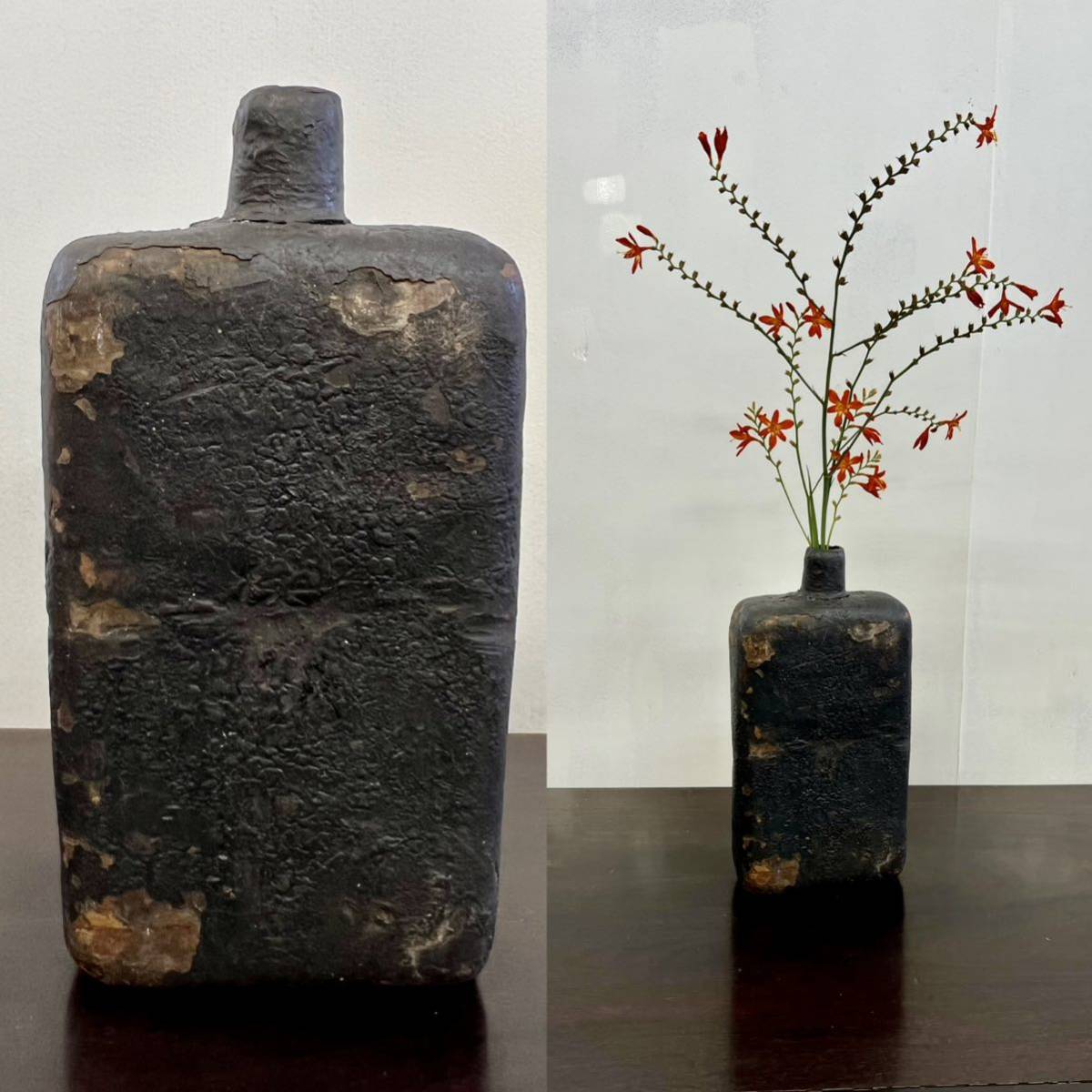 蔵出 李朝 乾漆 扁壷 花器38cm 花瓶 水筒 酒器 花差 偏壺 華道具 李朝