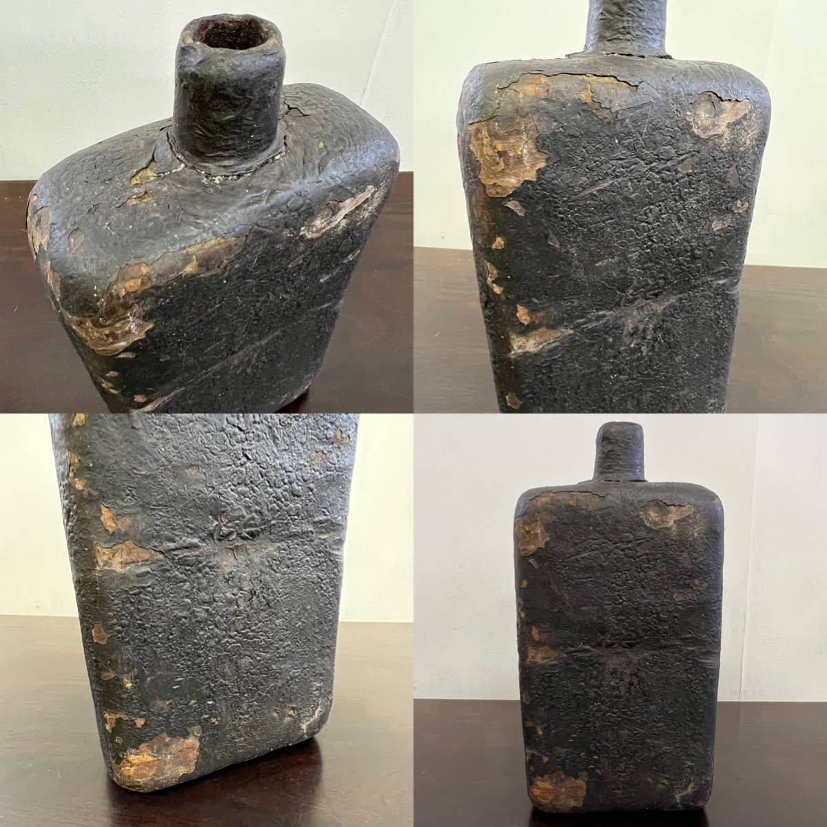 花器　古民藝　タカッポ　苧桶　李朝 蔵出 李朝 乾漆 扁壷 花器38cm 花瓶 水筒 酒器 花差 偏壺 華道具 李朝