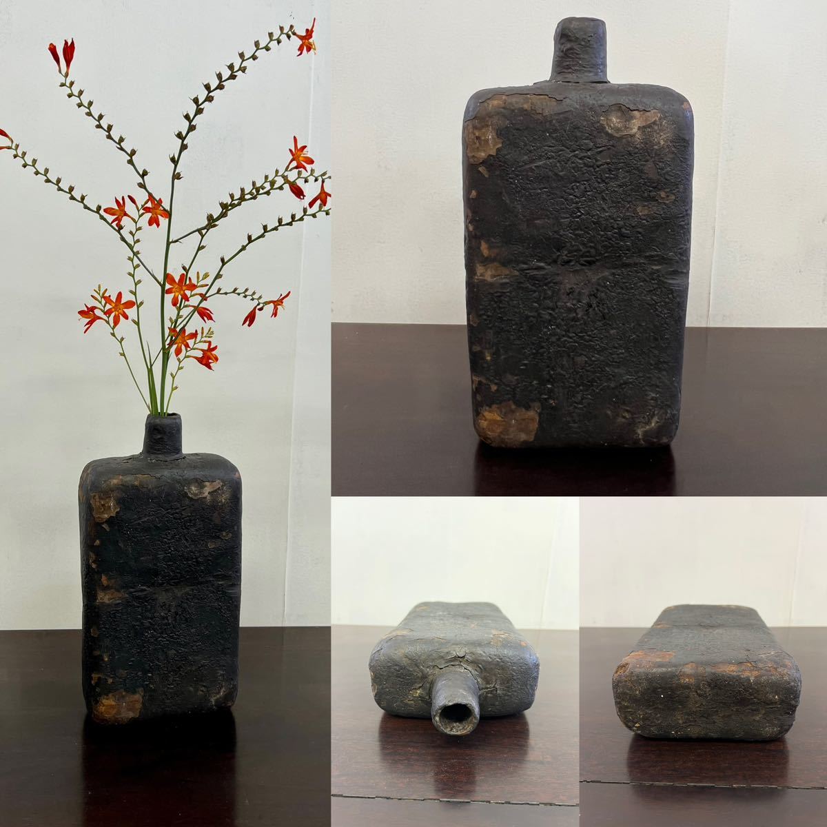 蔵出 李朝 乾漆 扁壷 花器38cm 花瓶 水筒 酒器 花差 偏壺 華道具 李朝