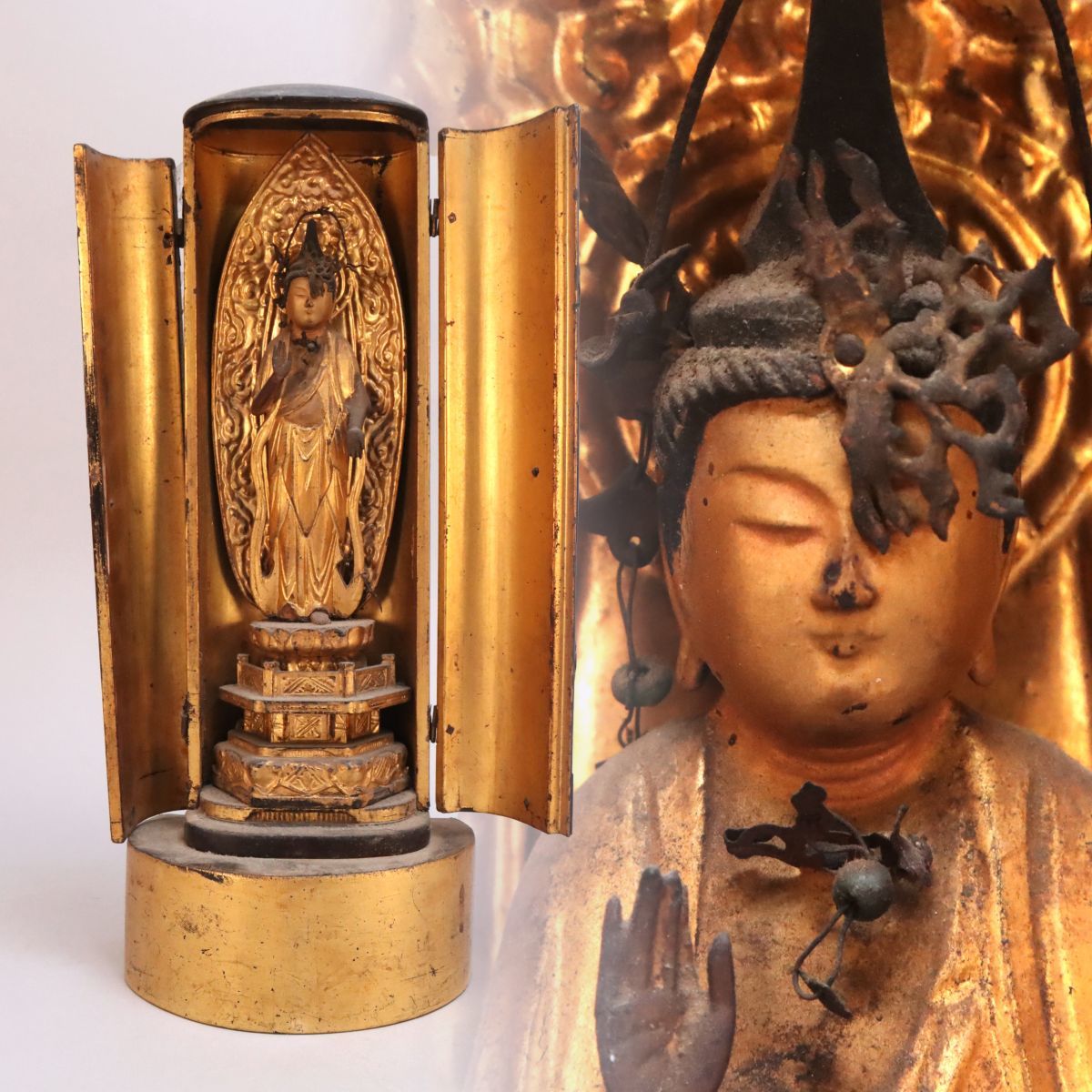 仏教古美術 漆金彩木彫り仏像 厨子付 骨董 アンティーク 蒐集家放出 旧家蔵出し Yahoo!オークション - 漆金 木彫り仏像 厨子入 佛像 釈迦如来立像 江戸