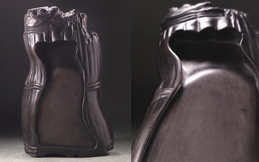 ∇花∇中国文房古玩 蜘蛛彫刻端渓硯 唐木蓋台付 特大26×16cm 2880kg 唐物高級書道具