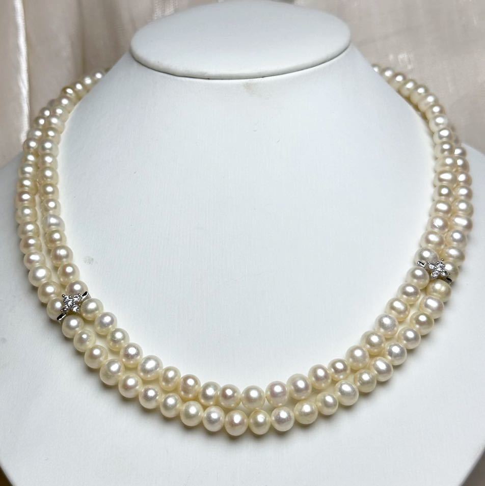 本真珠ネックレス二連7mm 天然パールネックレスPearl jewelry necklace 天然 40cm 
