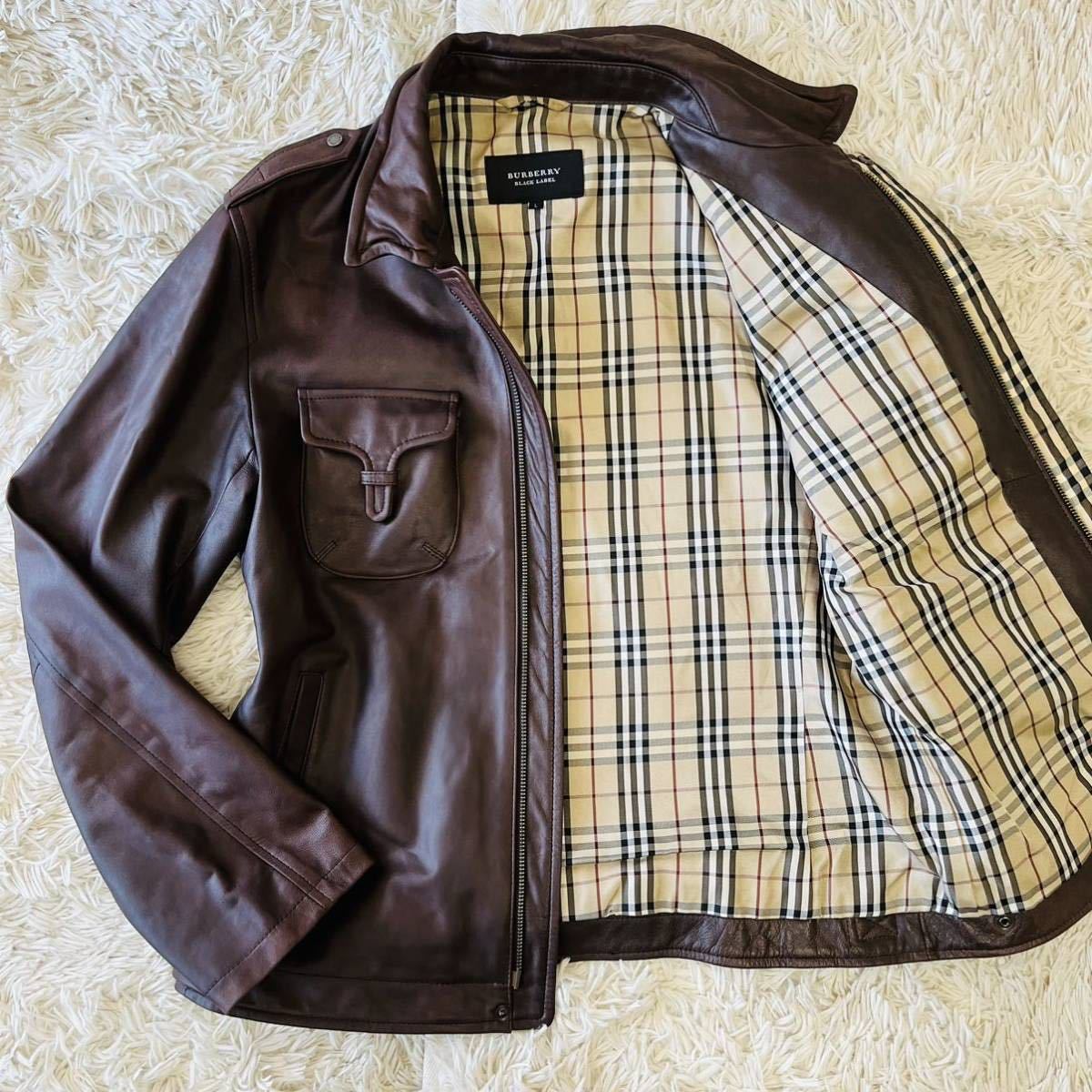 稀少Lサイズ！バーバリーブラックレーベル『王者の風格』BURBERRY ノバチェック ラムレザー ライダースジャケット 羊革 茶 ダークブラウン