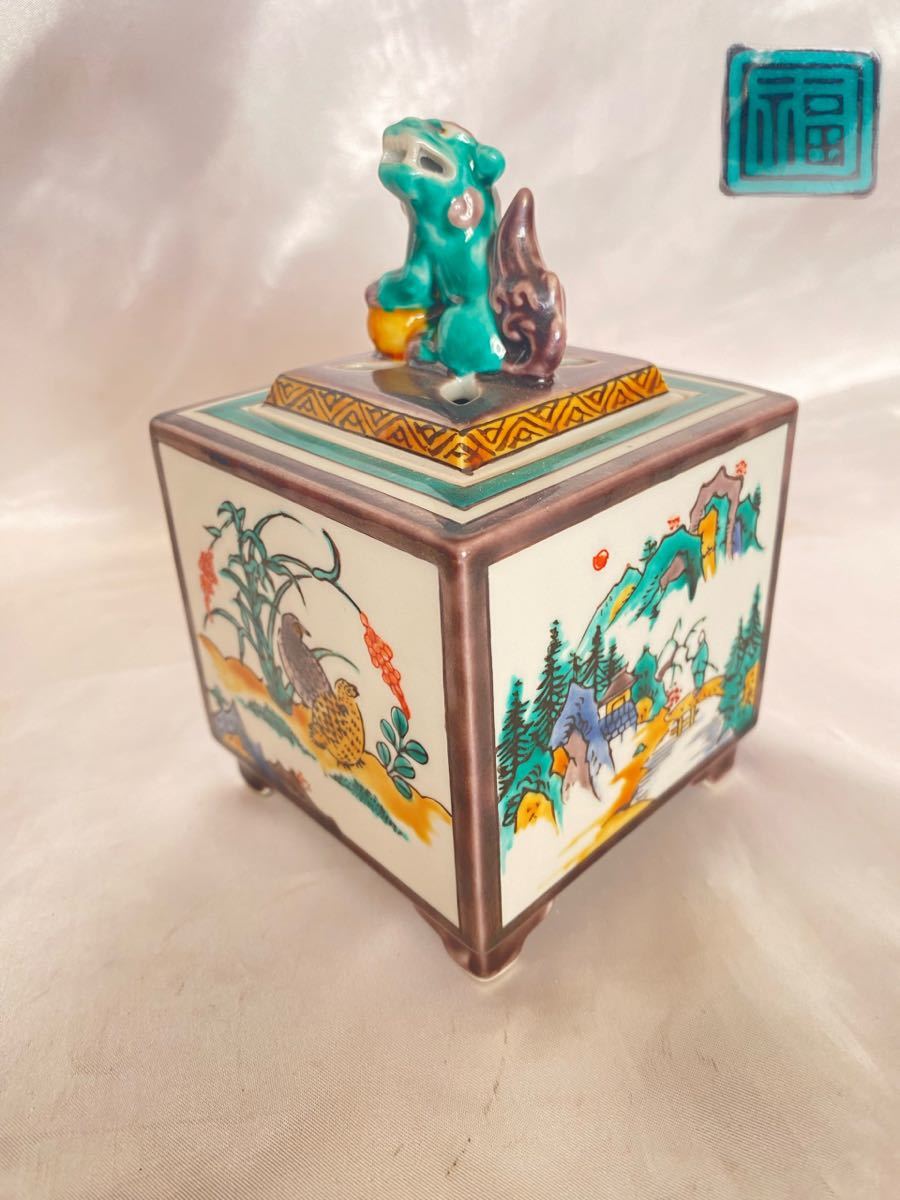 工芸品 茶道具 九谷焼六角香炉 角福 山水風景図 時代物 骨董